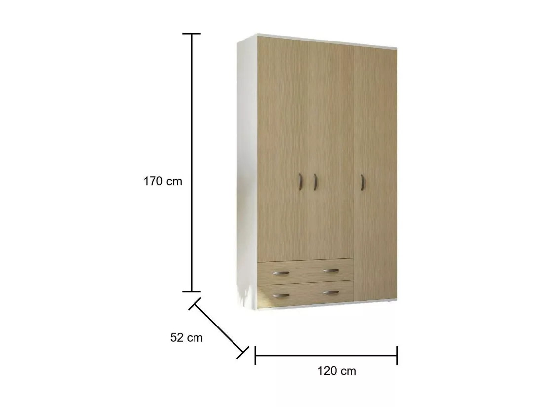 Garde-robe 3 portes Drabit, Meubles de chambre, Dressing avec portes, Armoire, Made in Italy, 120x52h170 cm, Blanc et chêne