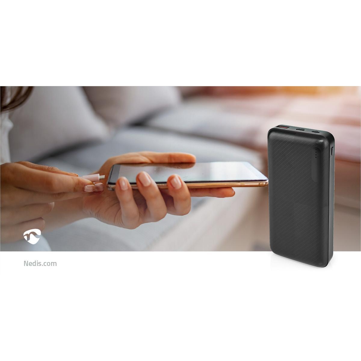Nedis Power Bank | 20000 mAh | 1.5 / 2.0 / 3.0 A | Antall utganger: 2 | Utgangstilkobling: 1x USB-A / 1x USB-C™ | Inngangstilkobling: 1x Micro USB / 1x USB-C™ | PD2.0 18W | Lithium-Polymer