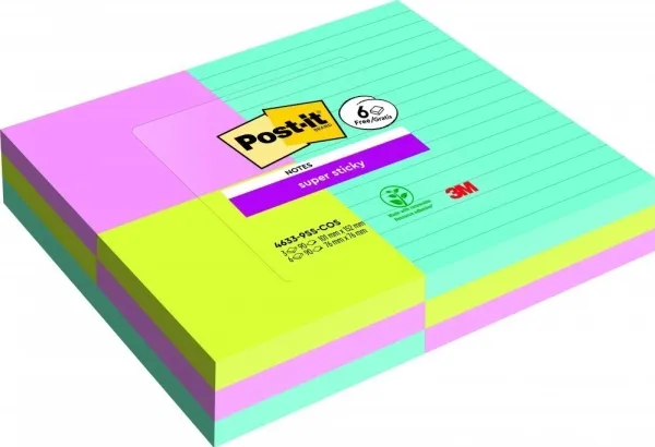 Post-it® Super Sticky Notes inkl. 3 linjerede   6 standard blokke - ass. størrelser med 90 ark pr. blok - (9 blokke)