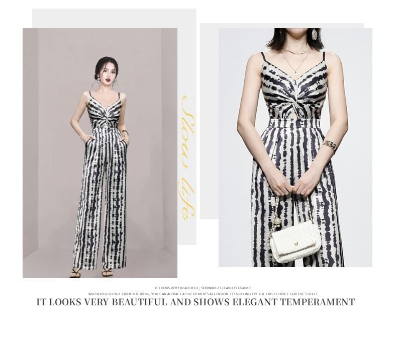 Aurora - Set: Spaghettibandjes V-hals bedrukte wijde jumpsuit + sjaal