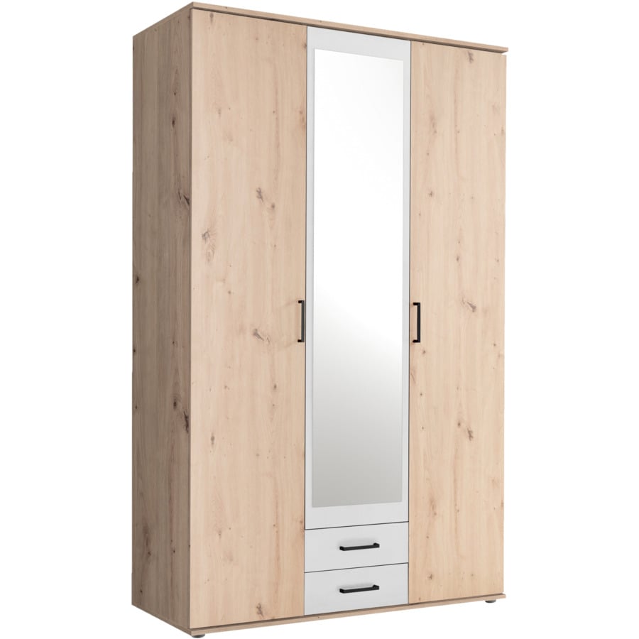 Drehtürenschrank Chicago Melamin Dekor Artisan/Weiss 160 x 97 x 54 cm, mit Spiegel