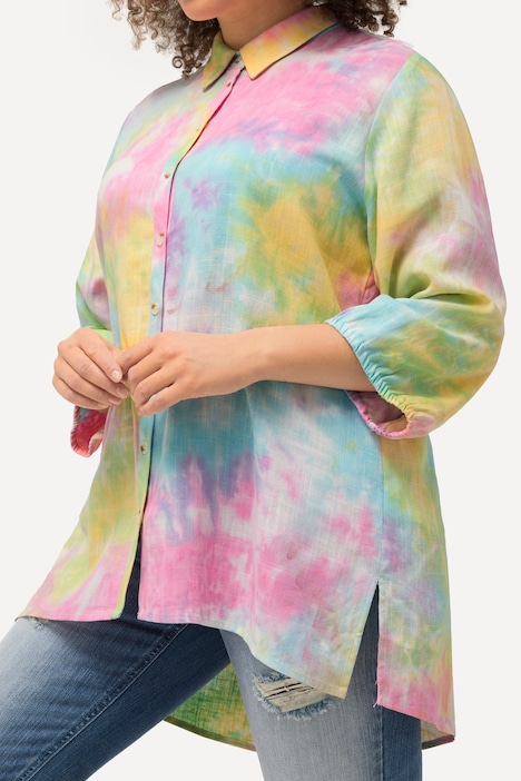 Leinenmix-Bluse, Batik-Druck, Hemdkragen, 3/4-Arm