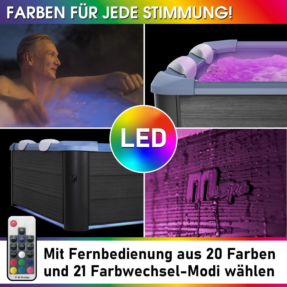 BRAST Whirlpool MSpa Oslo Sapphire mit Fester Außenwand | LED-Beleuchtung in 20 Farben für 6 Personen | 160x160x65cm | 120 Massagedüsen | Ganzjähriger Einsatz Winterfest | In & Outdoor Pool