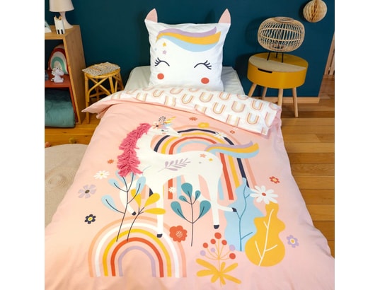 COTE DECO - Ensemble couette + 1 oreiller Parure de lit enfant licorne avec oreilles rembourrées - 10...