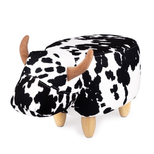 Banqueta com estampa de vaca em preto e branco.