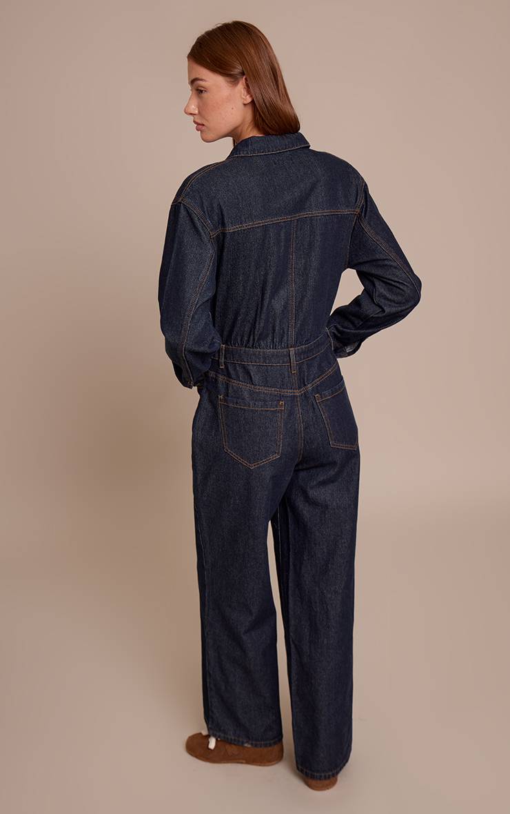 Bleu Indigo Combinaison En Denim À Manches Longues Avec Surpiqûres Contrastantes