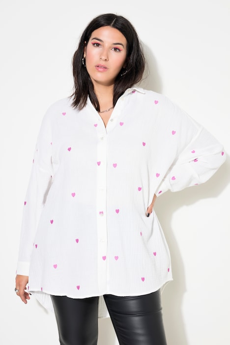 Hemdbluse, oversized, Musselin, Herz-Stickerei, Hemdkragen, Langarm
