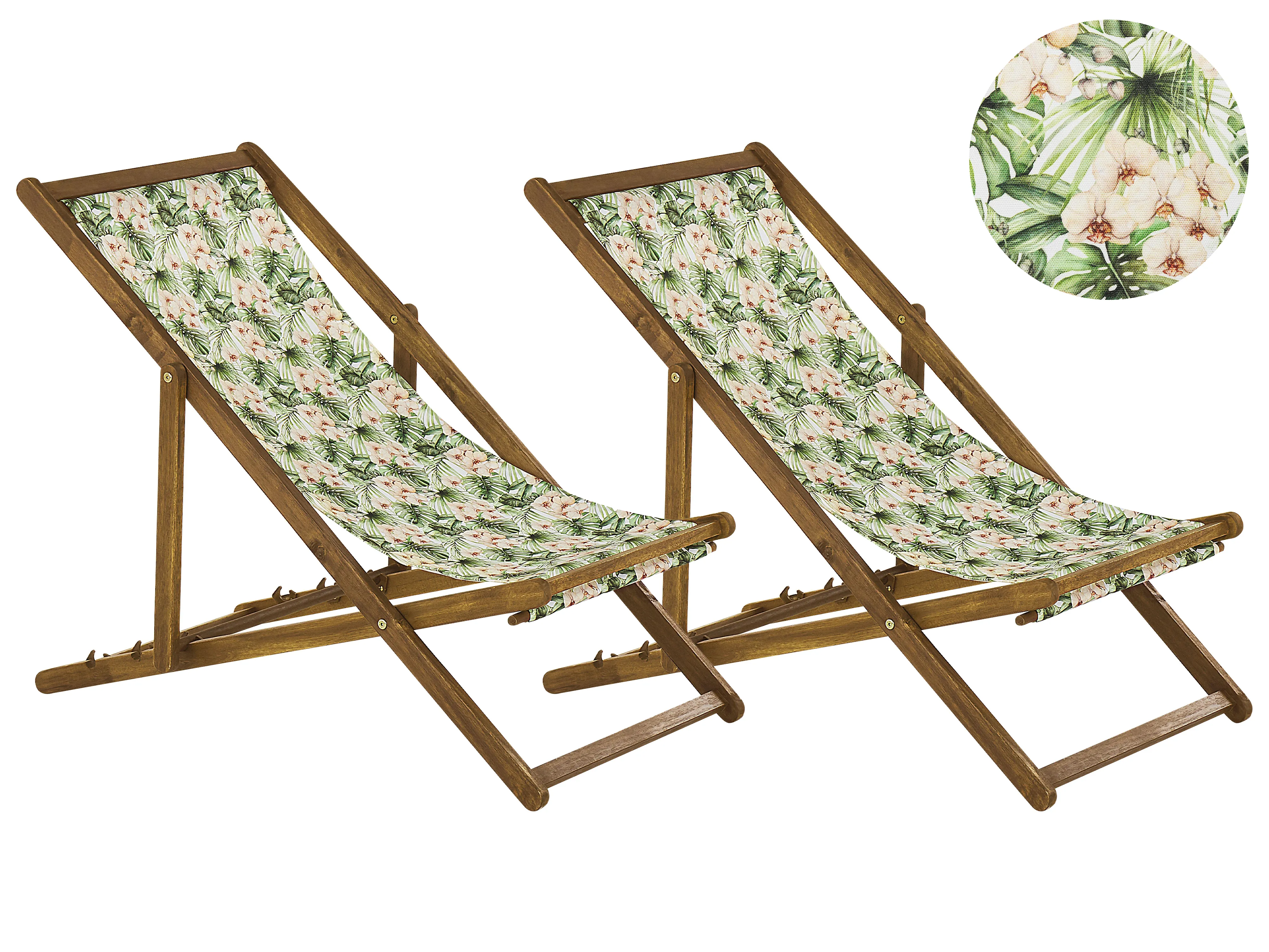 Set van 2 inklapbare ligstoelen ANZIO met vervangingshoezen Bloemen motief Acaciahout Lichtbruin