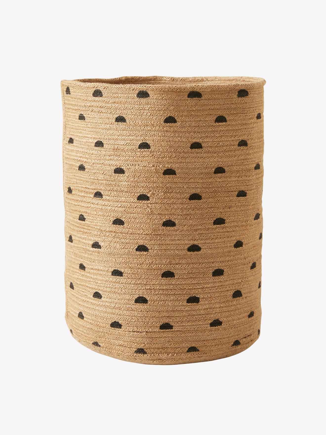 Cesta étnica de juta, tamanho XL médio, lisa, marrom com estampas.