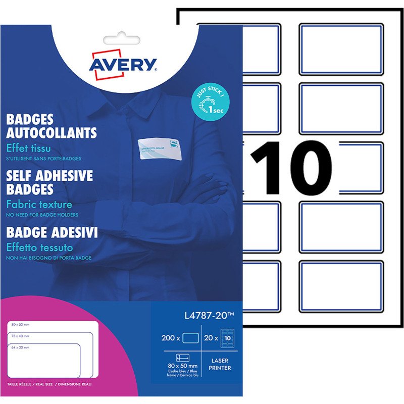 Badge adhésif textile laser Avery 50 x 80 mm blanc cadre bleu - Boîte de 200