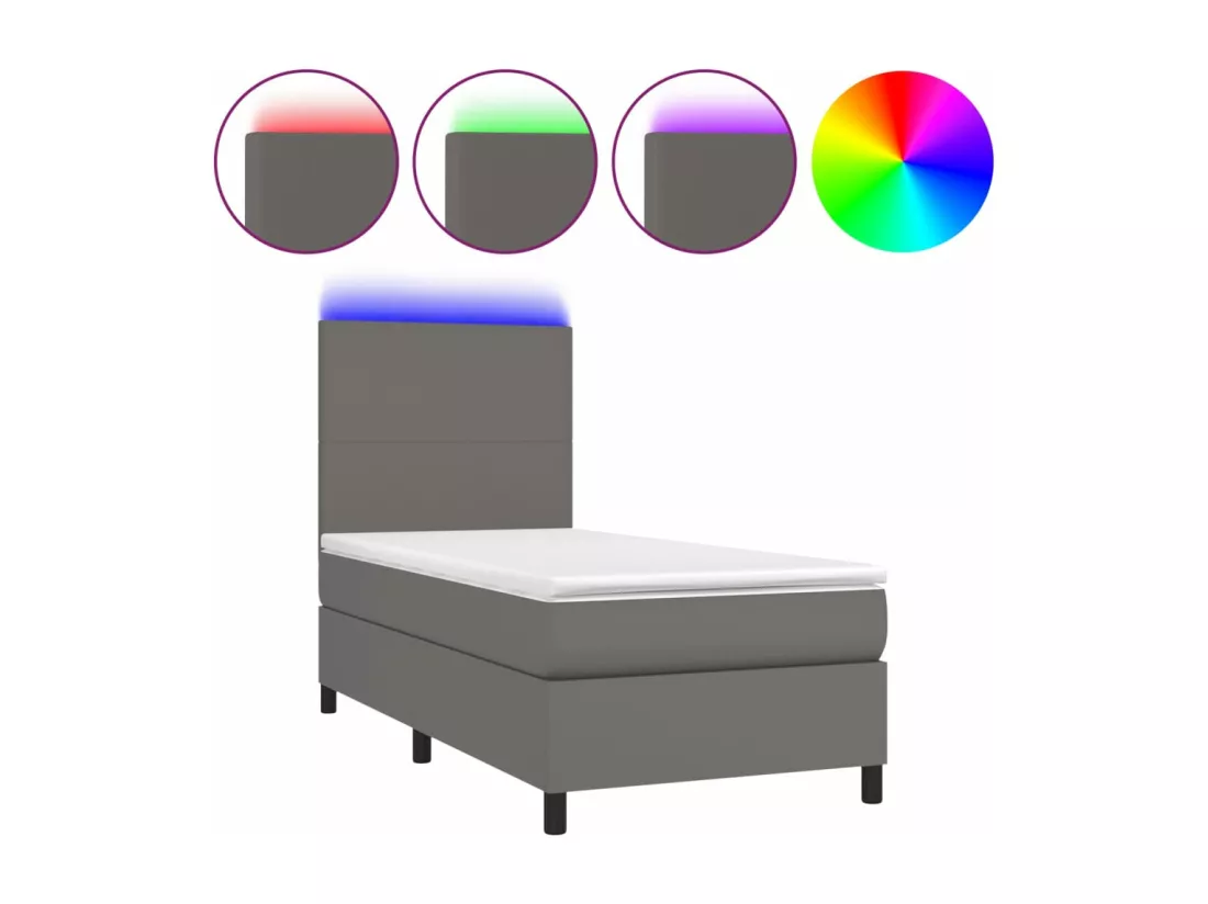 Sommier tapissier et matelas et LED Gris 90x190 cm Similicuir