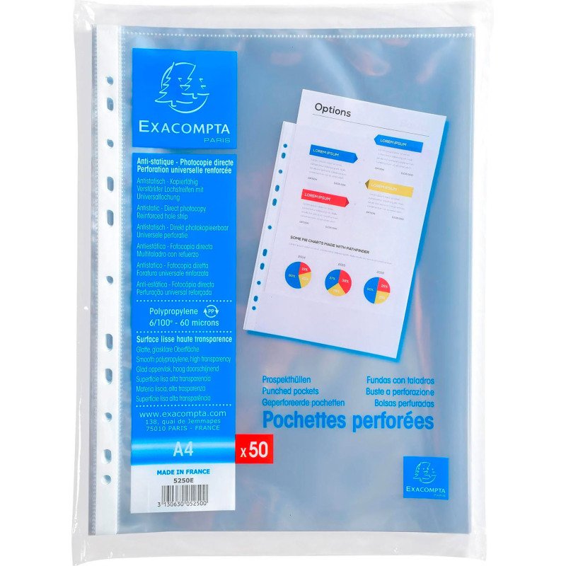 Pochettes perforées Exacompta  A4 polypropylène lisse 6/100e - Boite de 50