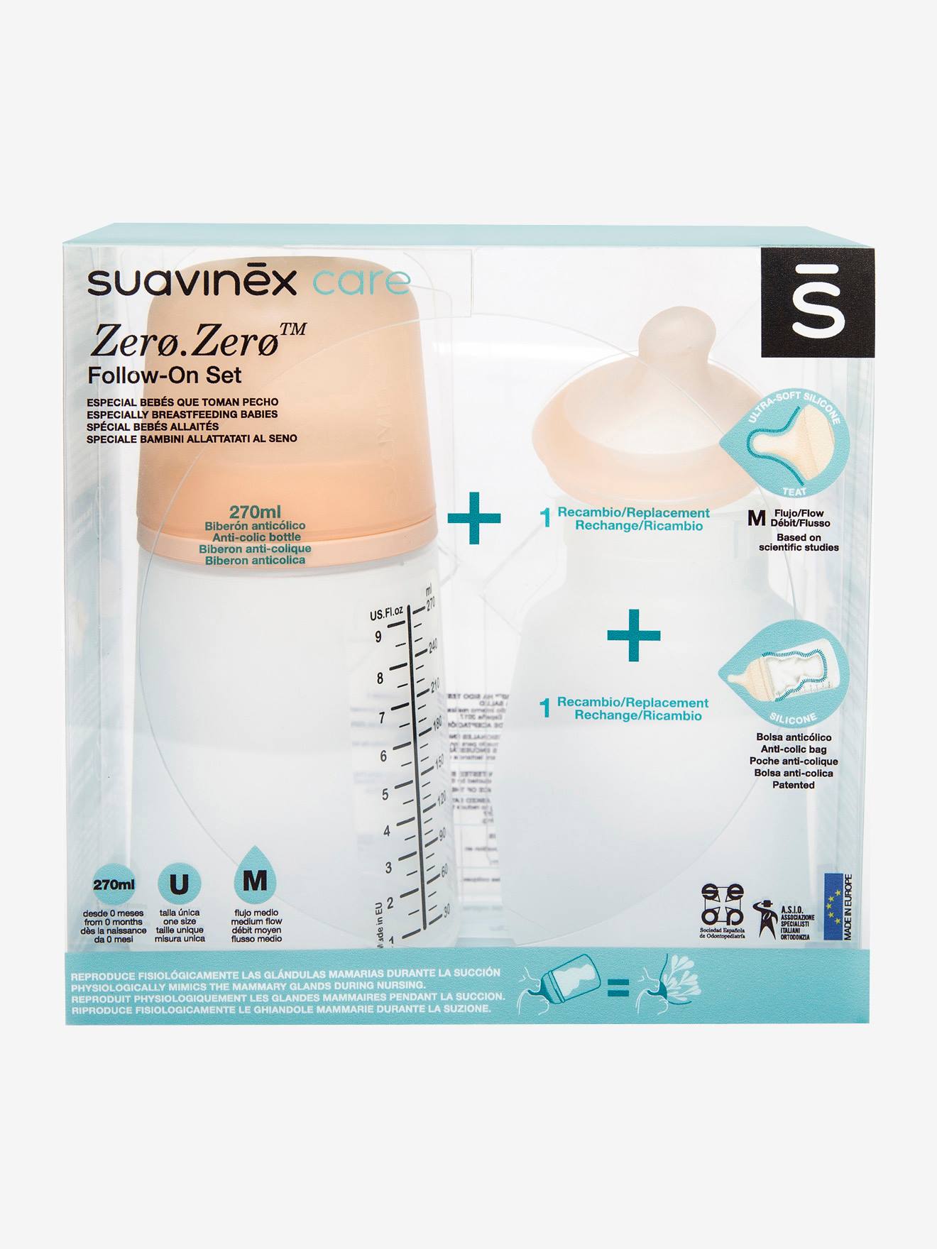 Conjunto inicial de mamadeiras SUAVINEX Zero.Zero 270ml, rosa claro, lisa com desenhos.