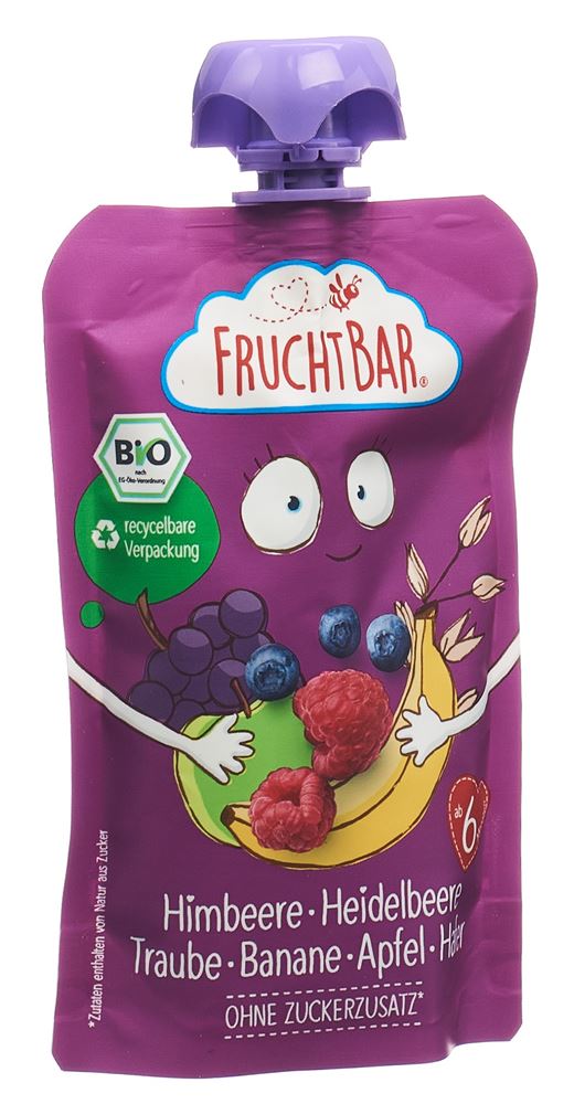 FRUCHTBAR Fruchtpüree Bio Himbeere Heidelbeere Traube Banane Apfel Hafer Btl 100 g