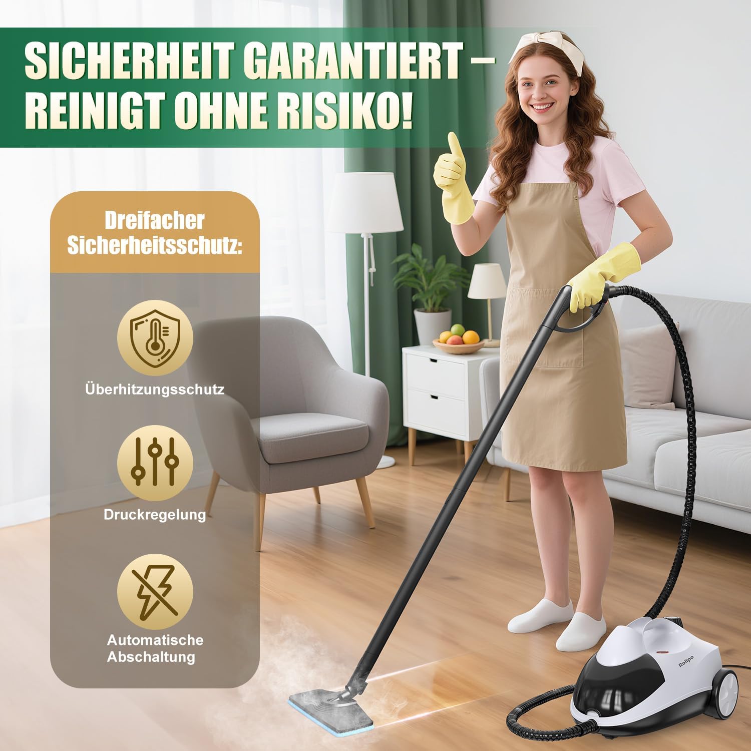 Dampfreiniger, Dampfdruck: 4 Bar, Leistung: 2000 W, Tank: Max 2 L, Nutzungsdauer: 40 Minuten, mit Bodenreinigungsset, Düsen und Rundbürste von Böden, Sofas, Polstermöbel und Autos