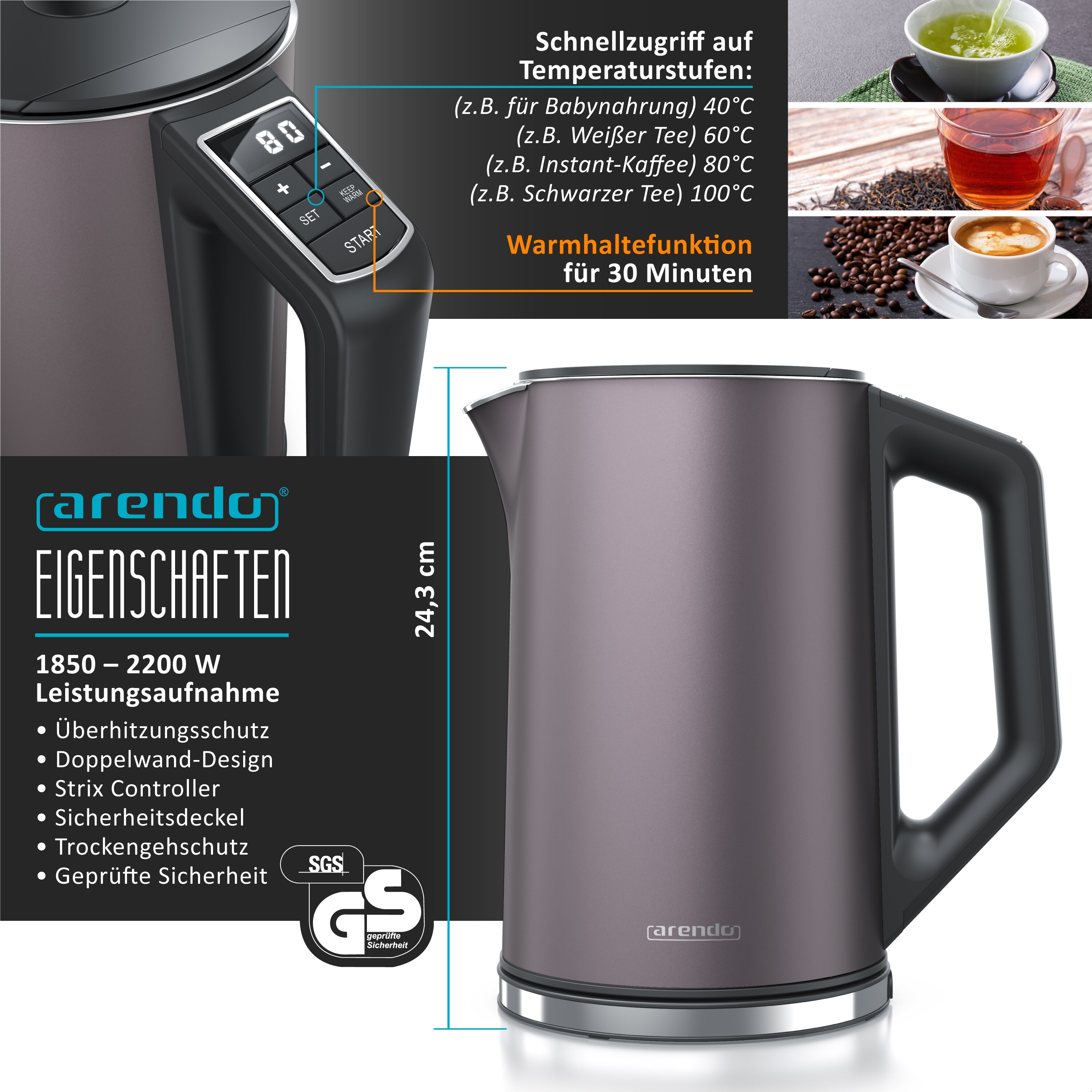 Arendo 2-teiliges Frühstücks-Set, 1,5L Edelstahl Wasserkocher, 2-Scheiben Langschlitz Toaster, Grau