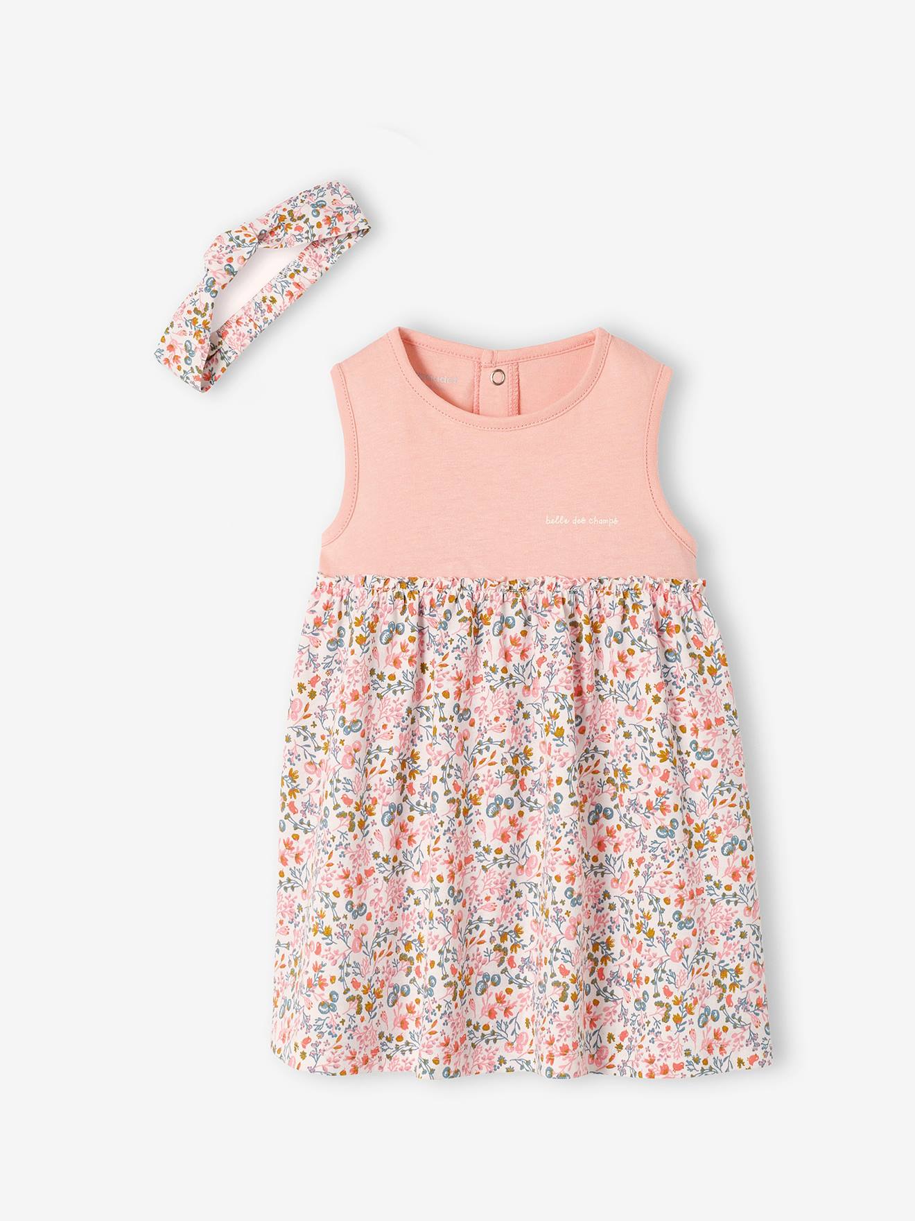 Vestido verde claro estampado e faixa de cabelo combinando para bebê menina