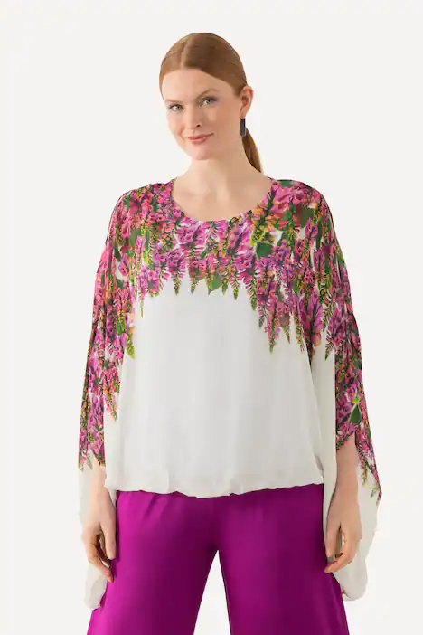Bluse, Blüten, doppellagig, Rundhals, Halbarm, schneeweiß