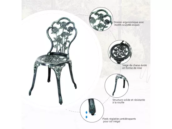 Salon de Jardin 3Pcs en Fonte Aluminium, Ensemble 2 Chaises et 1 Table Ronde Style Antique avec Motif Rose Chaise Charge 150 kg (Vert)