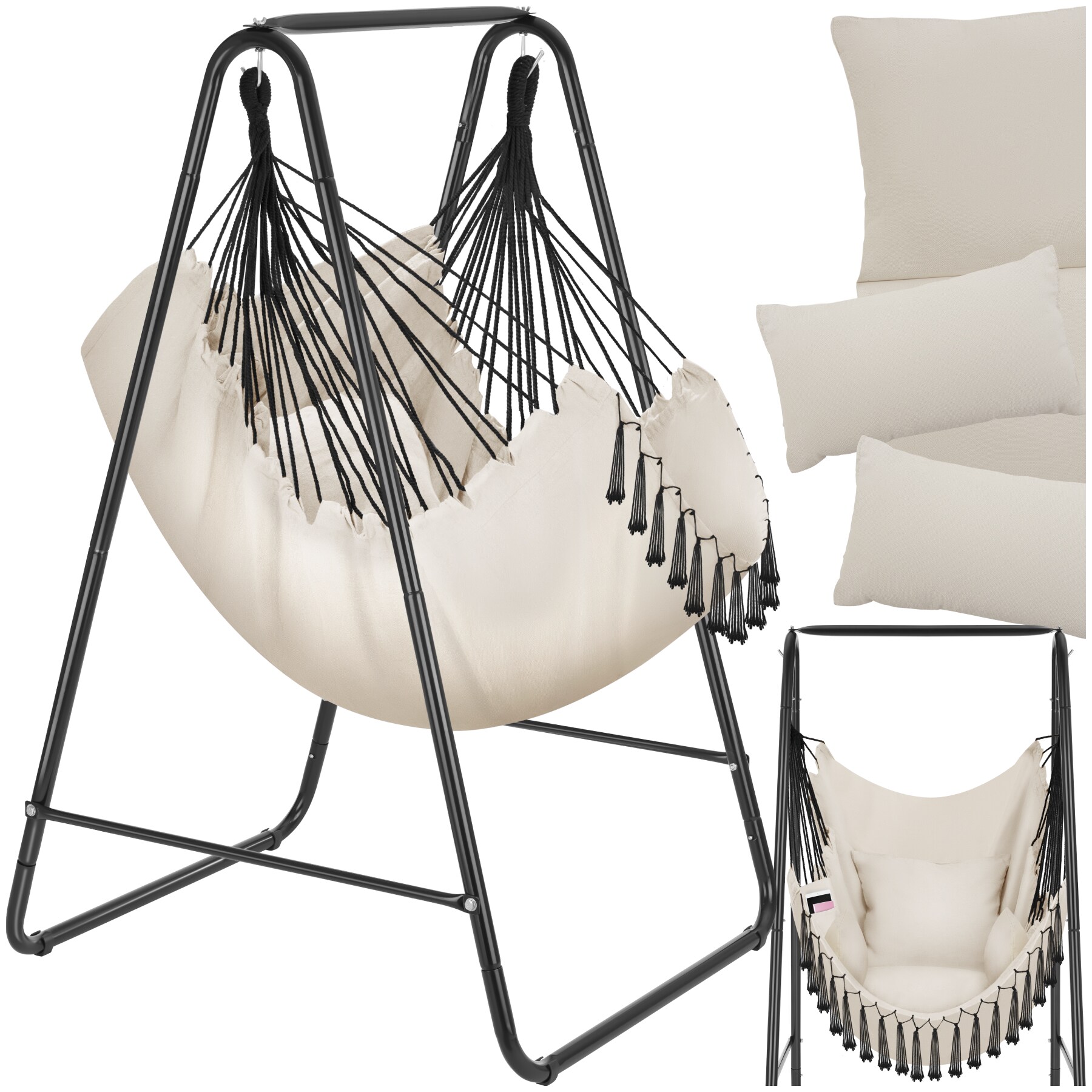 tectake® Hängesessel, 3 extra dicke Kissen, Belastbarkeit 160 kg, große Zierquasten, 85 x 100 x 154,5 cm