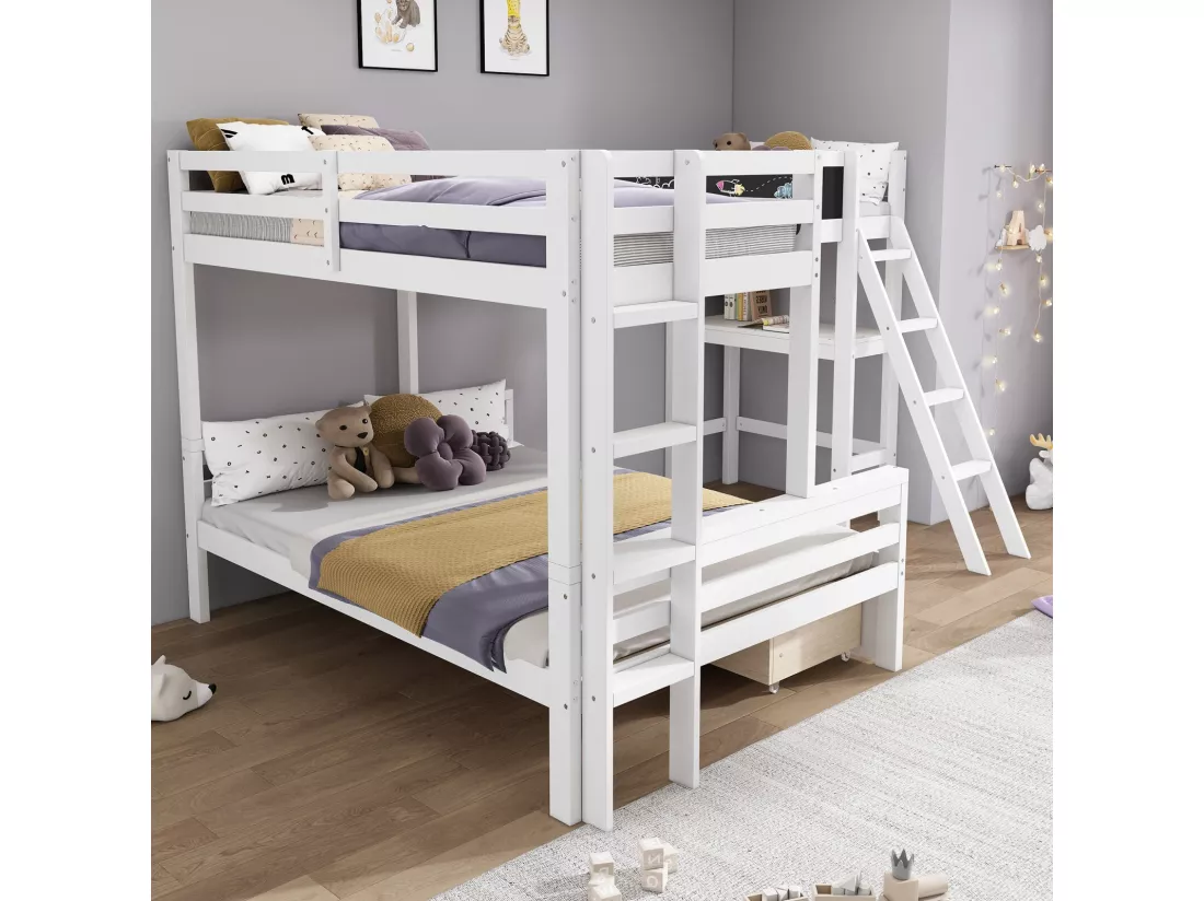 Lits Superposés Pour 3 Enfants, 2x90x200cm et 140x200cm, avec tiroirs de rangement, Blanc