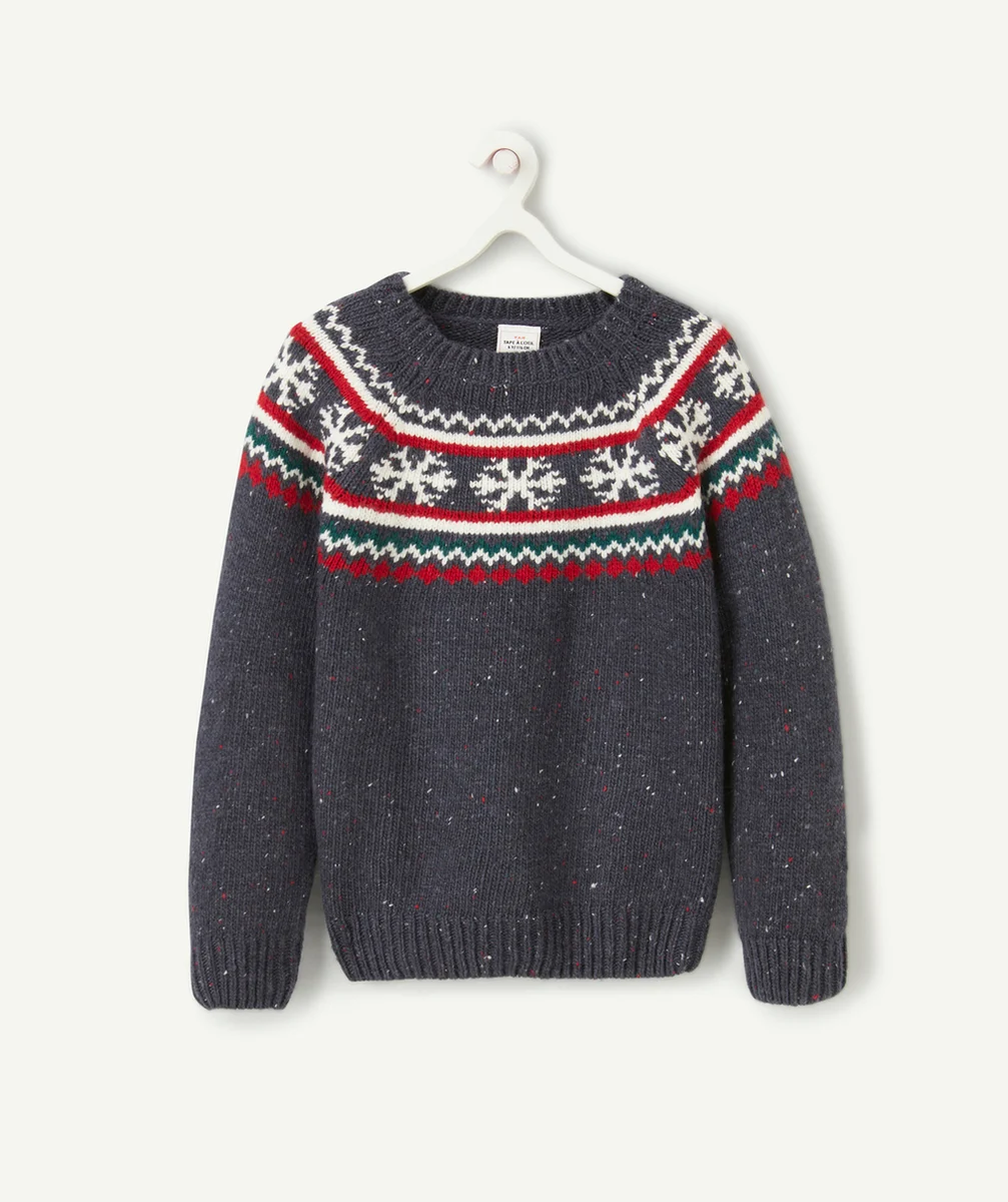 PULL DE NOËL GARÇON EN TRICOT JACQUARD BLEU MARINE MOUCHETÉ