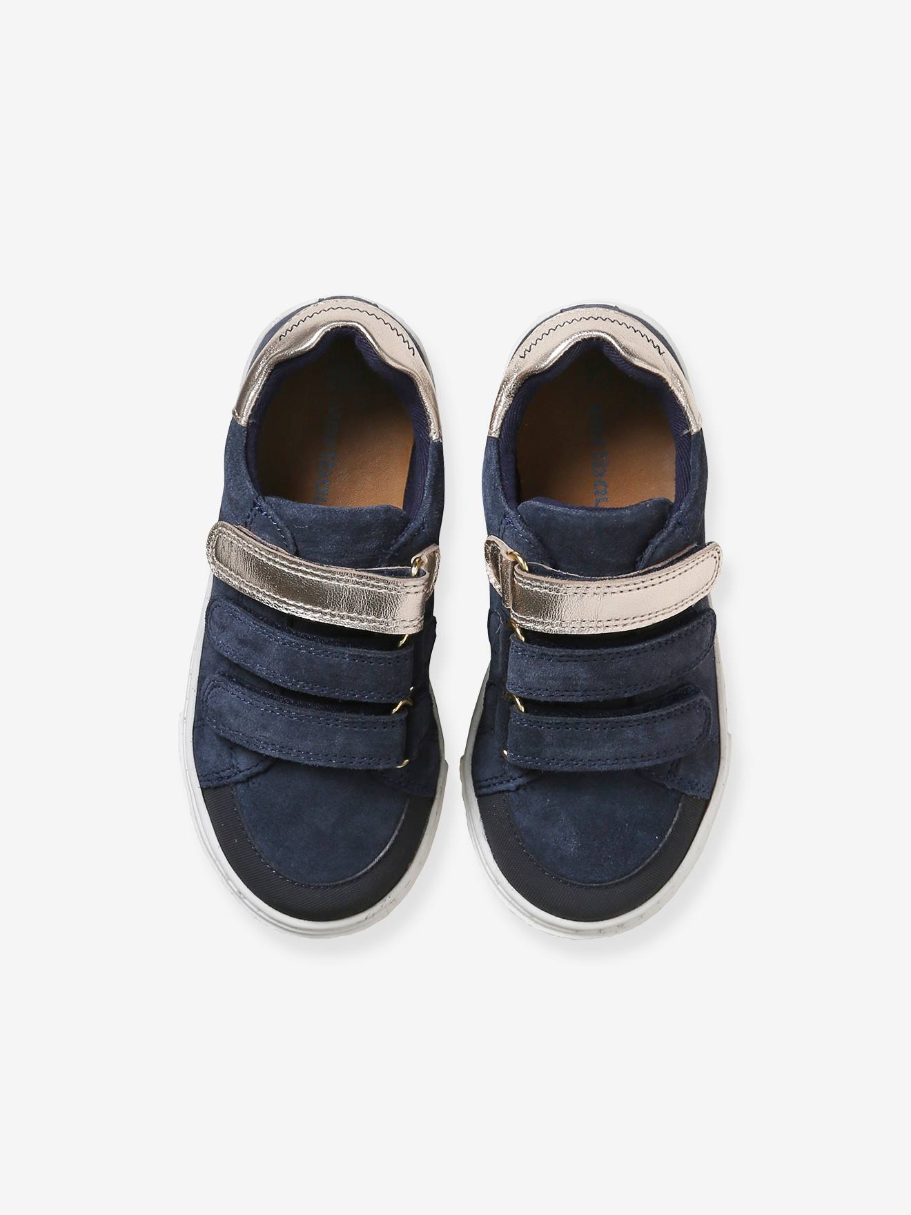 Tênis de couro azul marinho com fecho de velcro para meninas