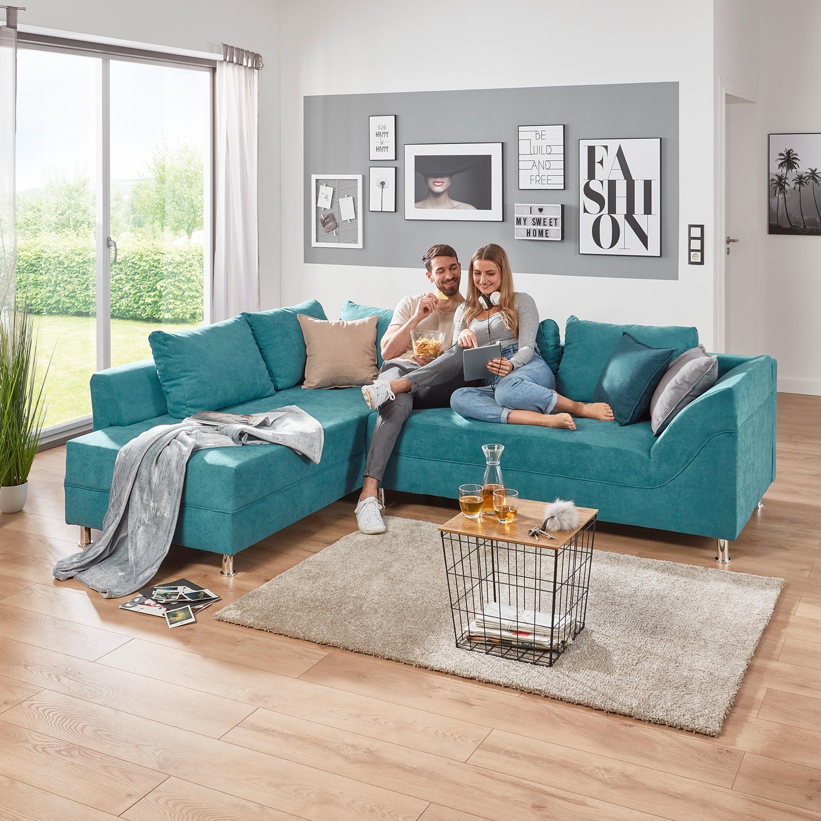Ecksofa - türkis - Bonell-Federkern - Microfaser