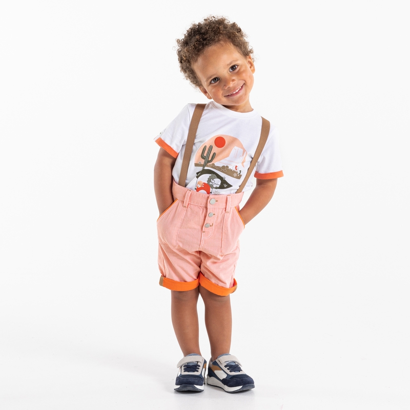 Short à bretelles fines rayures orange bébé garçon