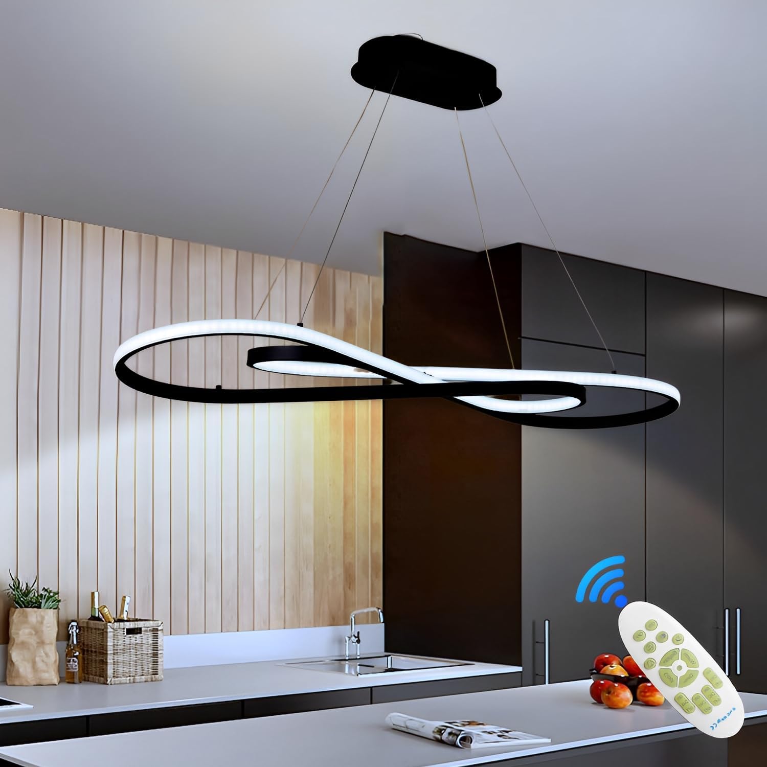 57W Dimmbare LED Pendelleuchte, Doppelfigur 8 Design Hängeleuchte mit Fernbedienung, Pendellampe Hängend Höhenverstellbar, Hängelampe für Wohnzimmer, Esstisch, Esszimmer, Küche, Schwarz