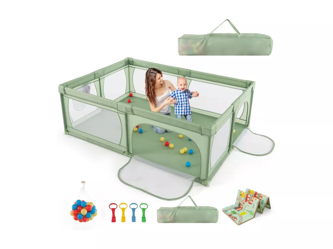 Parc pour Bébé avec 50 Balles Océaniques, avec Maille Respirante, Centre d'Activités avec Base Antidérapante et Porte à Fermeture Eclair, 206×147×68,5CM (Vert)