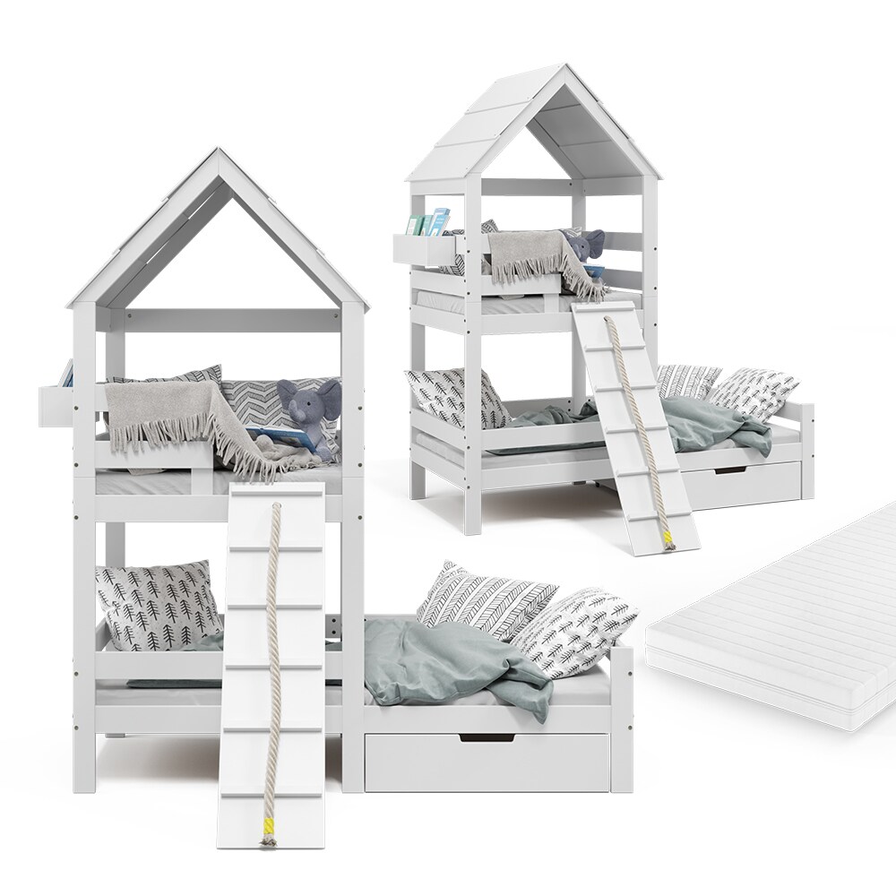VitaliSpa Spielturmbett Kinderbett Spielbett Teddy Weiß modern 208x235 cm Massivholz Kinderzimmer Lattenrost Bett Schublade Matratze Abenteuerbett Kletterbett