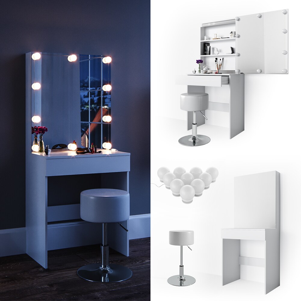 Vicco Schminktisch Melle Frisiertisch Kommode Frisierkommode Spiegel Weiß inklusive Hocker und LED-Lichterkette