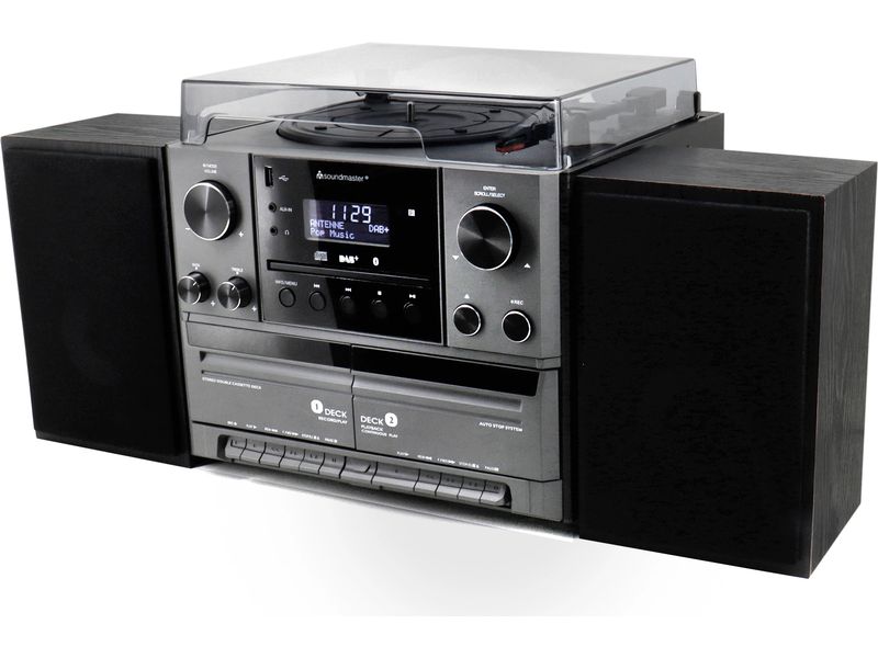 soundmaster Stereoanlage MCD5600 Grau Stereoanlage mit Plattenspieler, DAB /UKW-Radio, CD/MP3, USB, Doppelkassette und Bluetooth