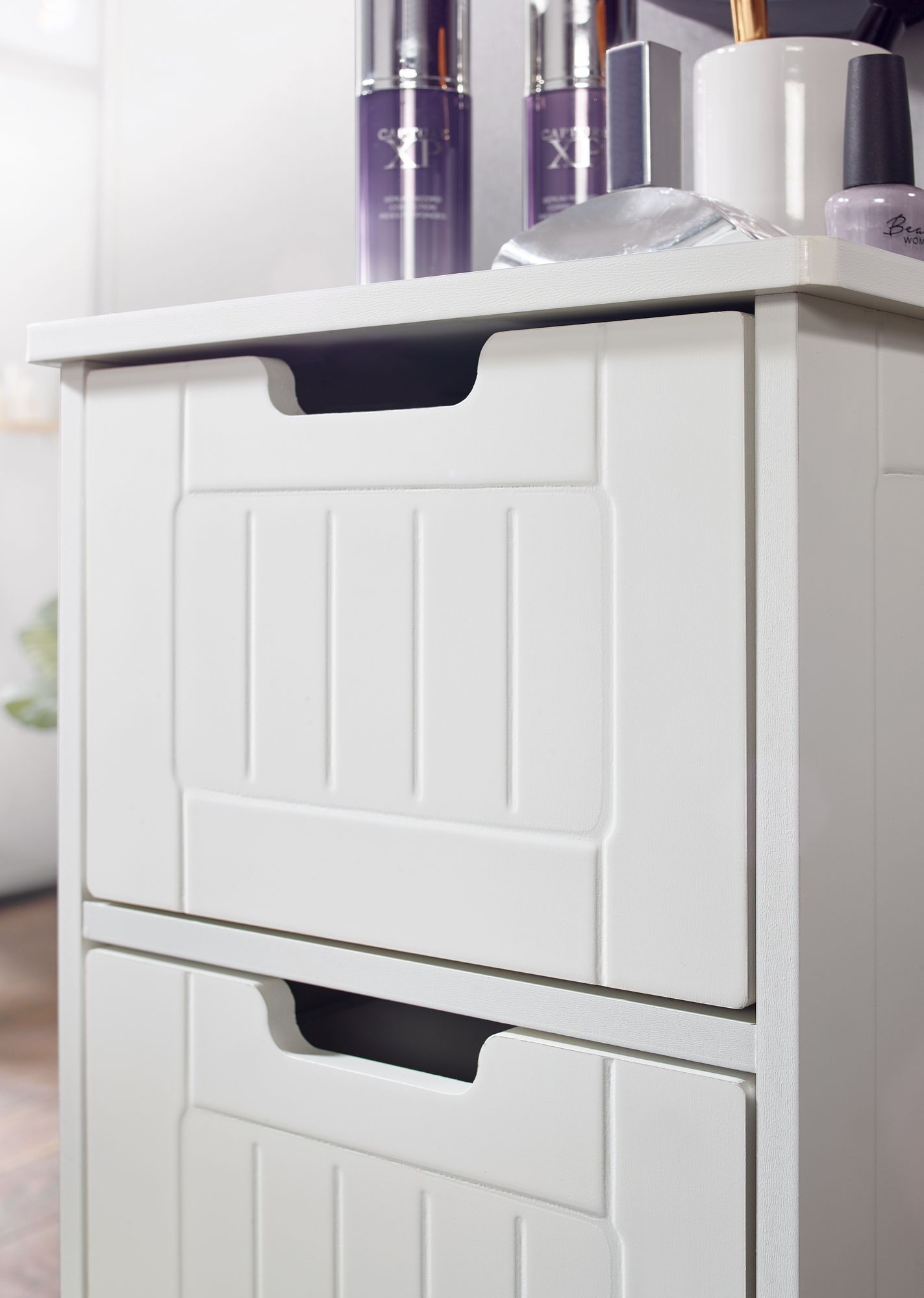 Badschrank Landhaus Badezimmerschrank Holz weiß Schubladen Beistellschrank klein