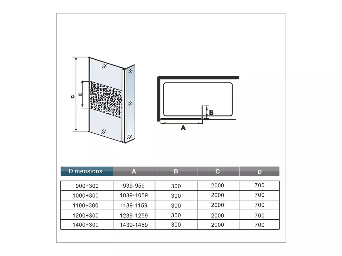 Paroi de douche à l'italienne verre dépoli au centre 120+40x200cm avec retour pivotant, avec barre de fixation 73-120cm