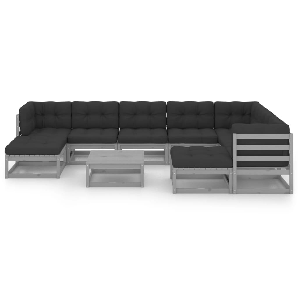 Salon de jardin meuble d'extérieur ensemble de mobilier 10 pièces avec coussins gris bois de pin massif