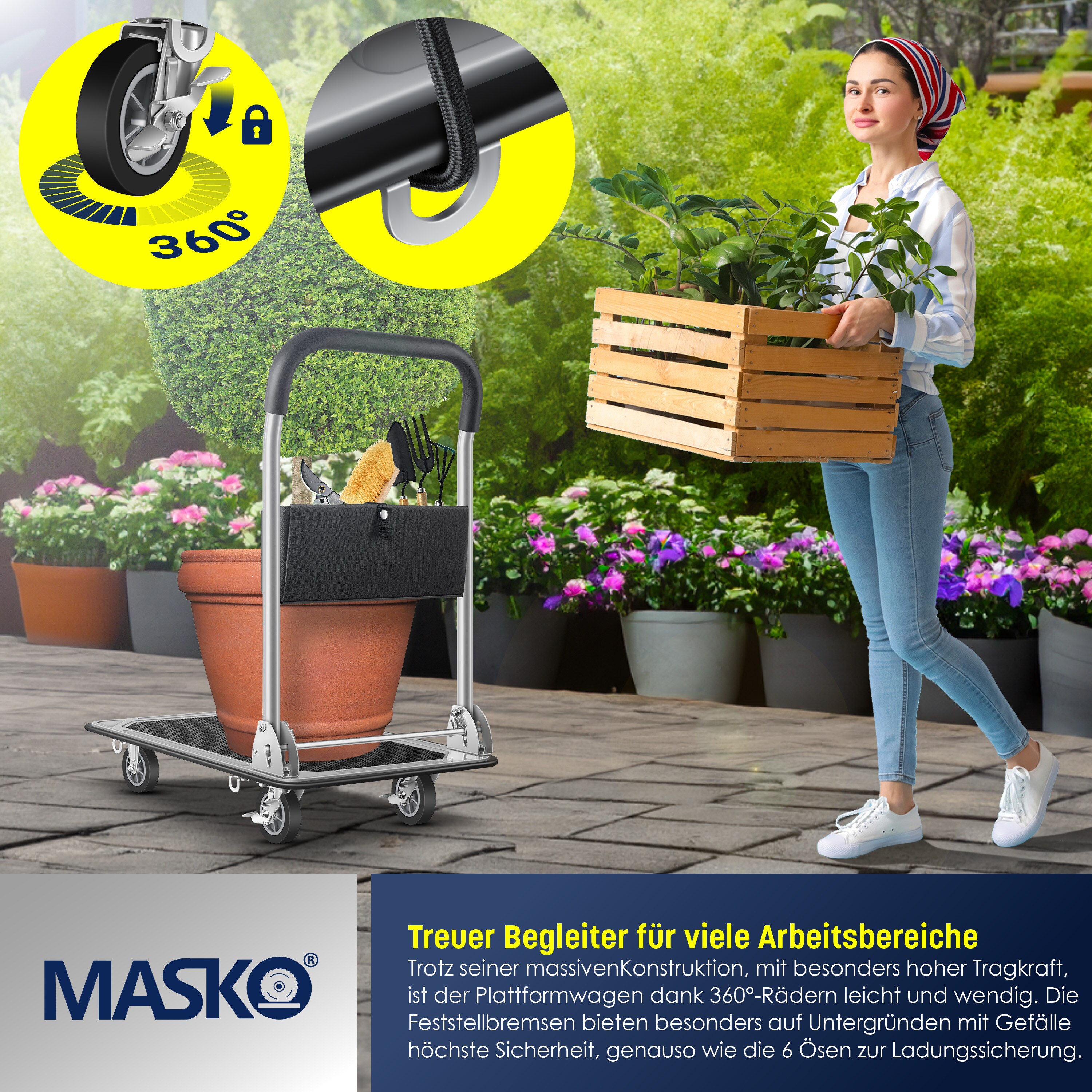 MASKO® Plattformwagen Transportwagen Lagerwagen Klappbar Inkl. Arbeitshandschuhe | Feststellbremse Transporthilfe | Mit 6 Sicherungsösen | 360° Lenkrollen | Paketwagen Klappwagen