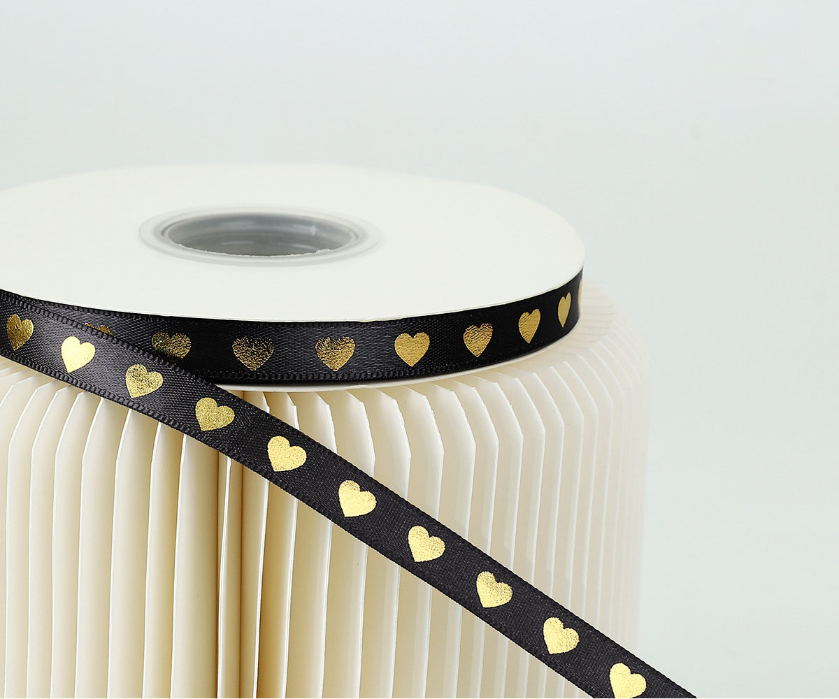 (1cmx35m) Geschenkband Satin Deko Band mit Herz Print - Schwarz