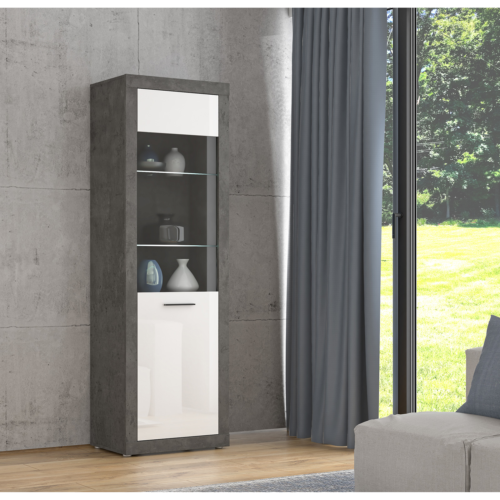 Standvitrine - Betonoptik - weiß - 197 cm hoch