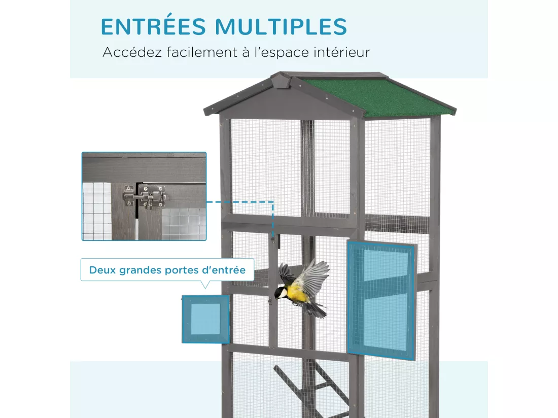 Cage à oiseaux volière grande taille 2 portes toit asphalte tiroir amovible bois gris