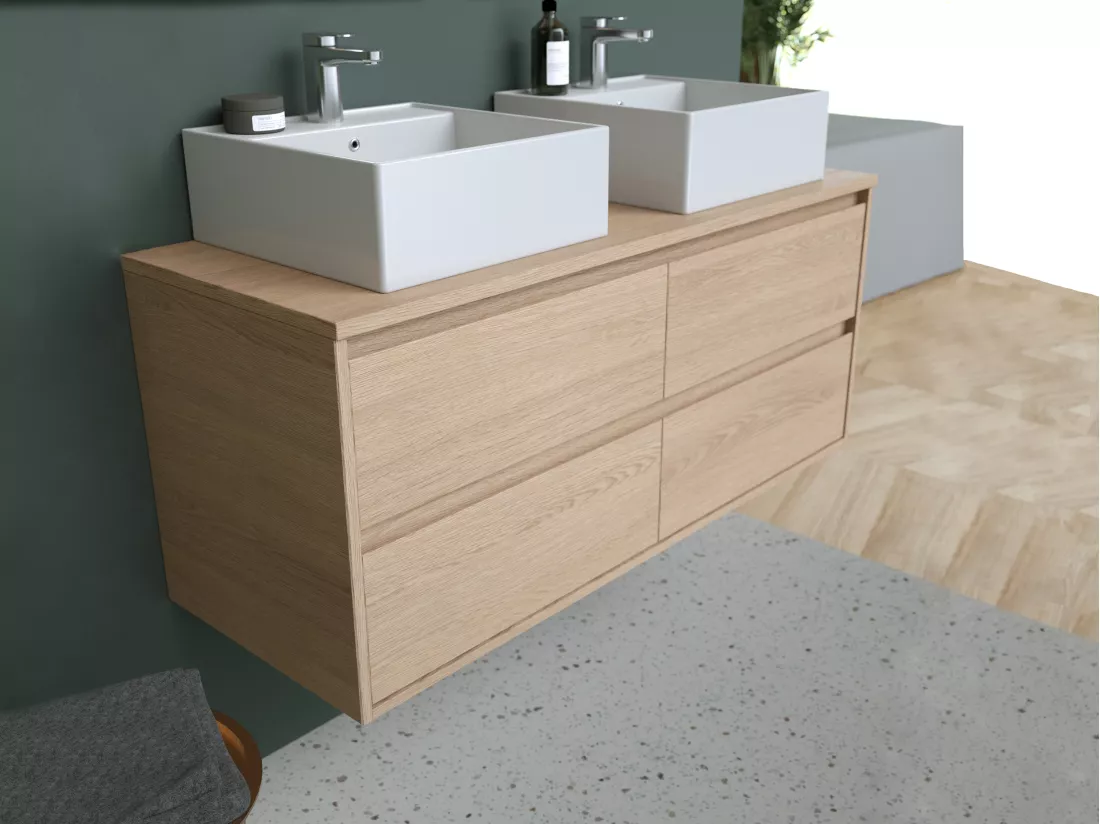 Meuble de salle de bain suspendu avec double vasque à poser - Placage chêne - 120 cm - MILIPAM