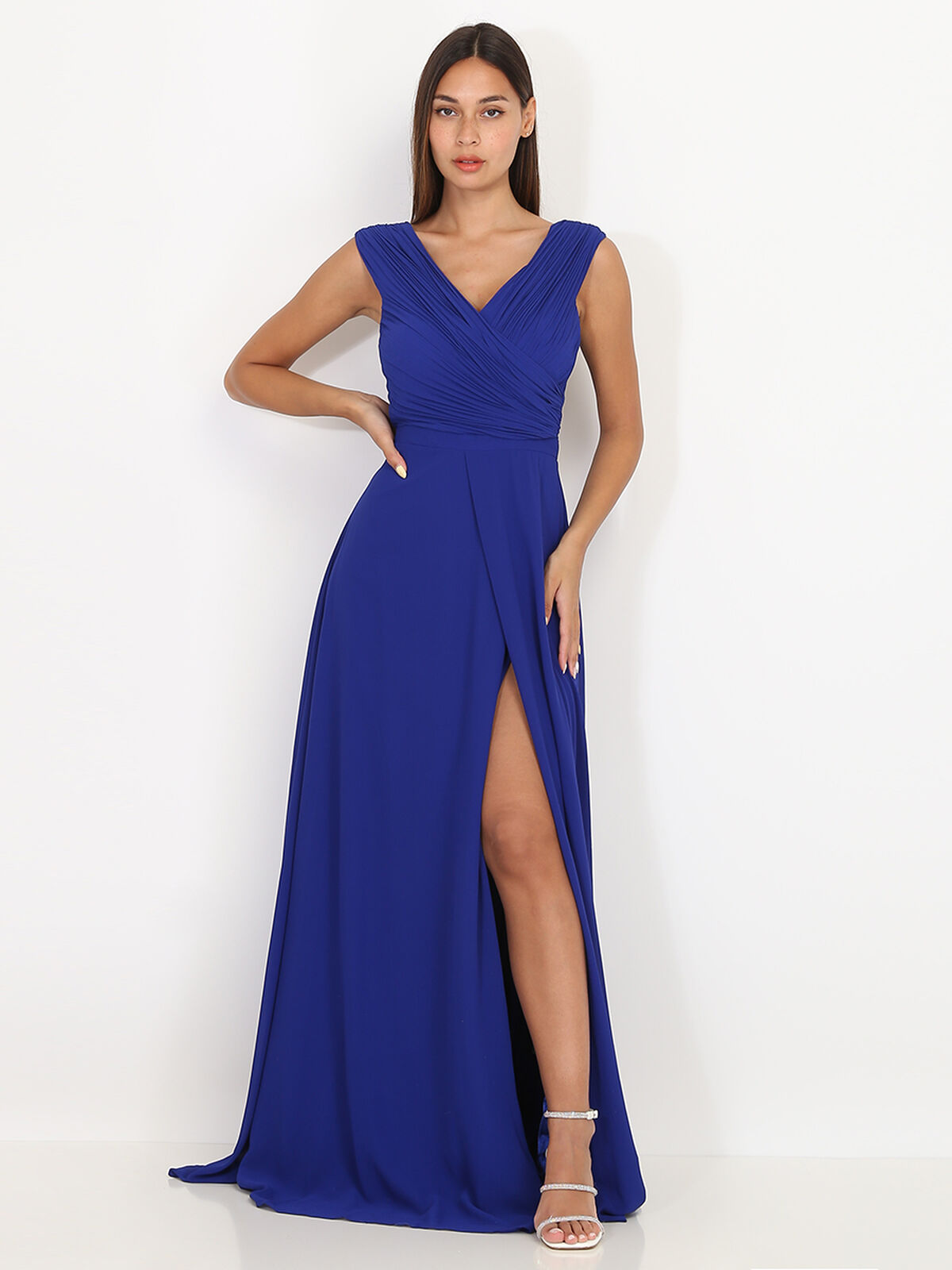 Robe longue drapée avec fente- Bleu