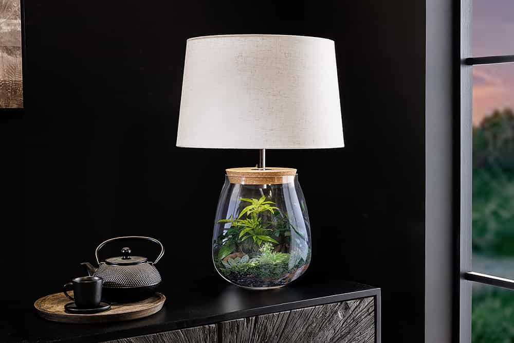 Befüllbare Tischlampe CLASSICO 60cm weiß transparent Glas mit Leinenschirm