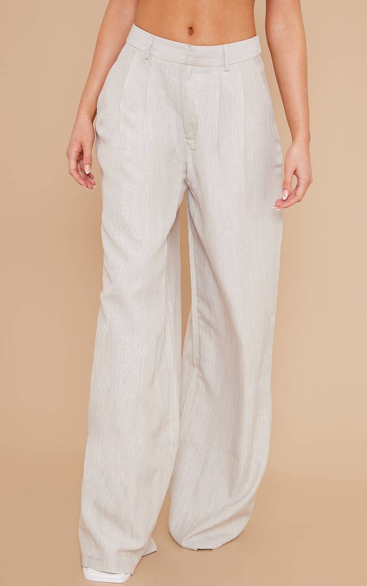 Gris Pierre Pantalon Large Taille Haute Ajusté Effet Lin Tissé