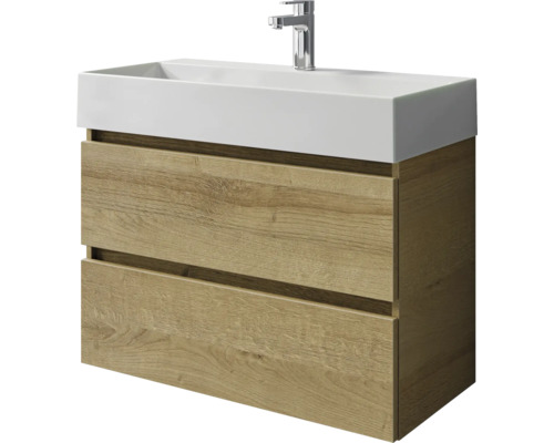 Pelipal Torino badkamermeubelset, BxHxD 81 x 66,7 x 40 cm, frontkleur: Riviera eiken, 2-delige badkamermeubelset met witte keramische wastafel