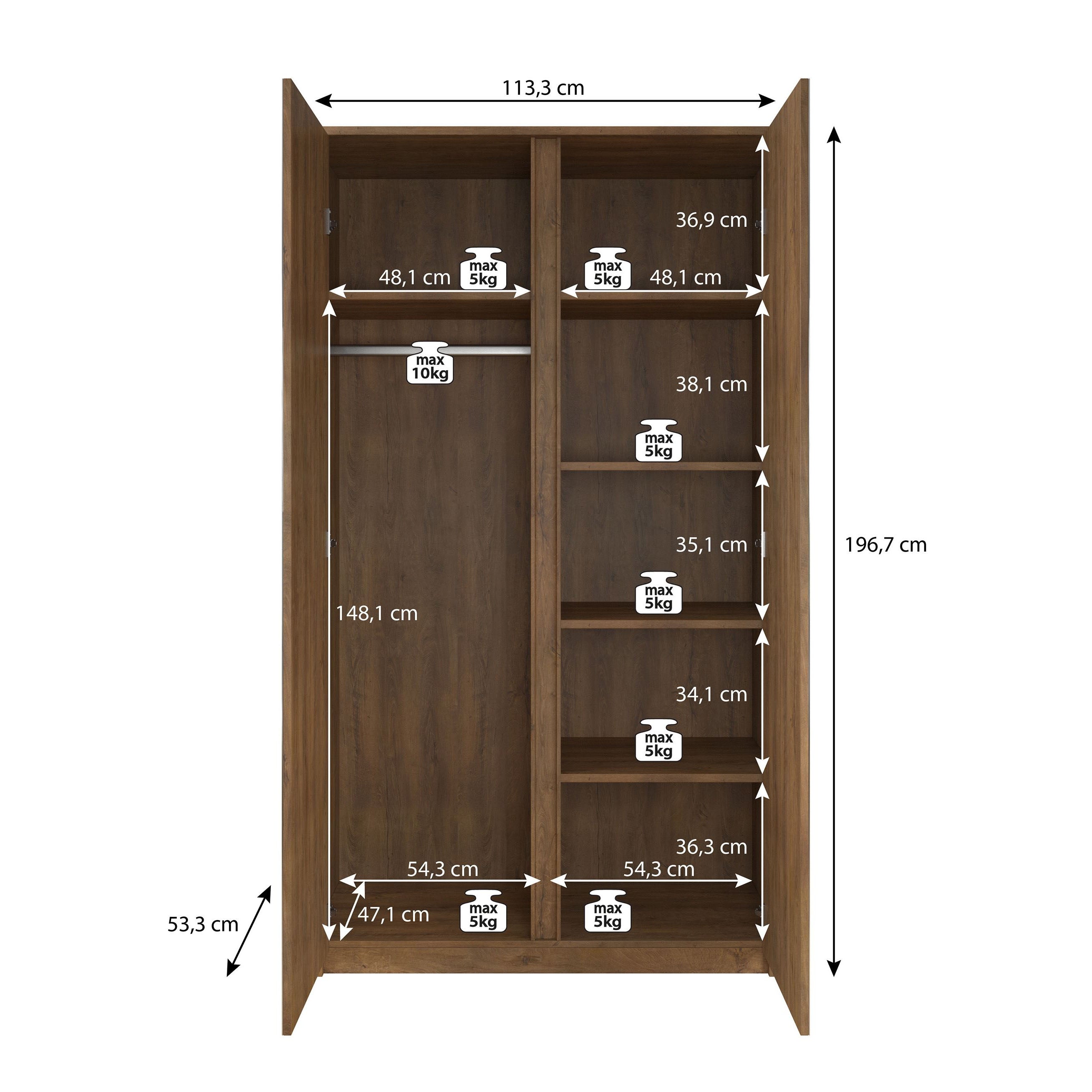 Malibu - Kledingkast 2-deurs - Eiken - 113x53x197 cm