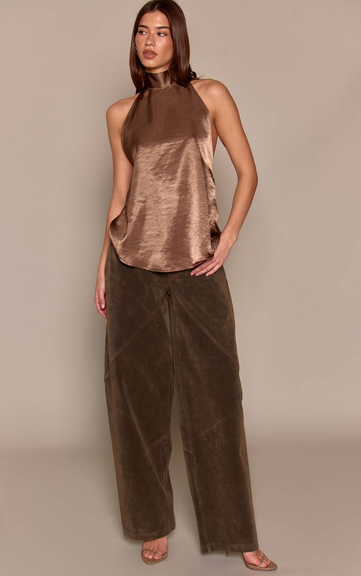 Light Brown Top Dos Ouvert Col Licou En Satin