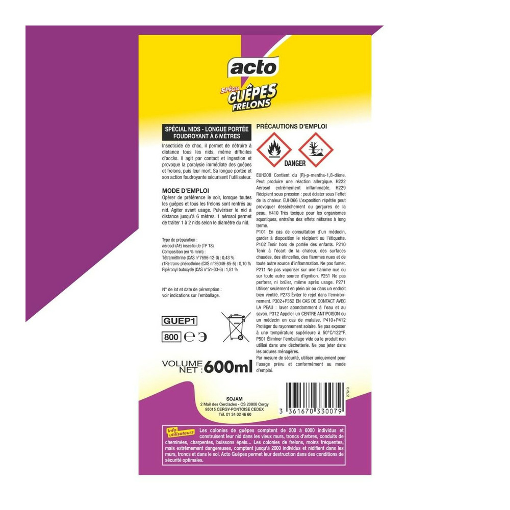 Aérosol insecticide acto spécial guepes - frelons longue portée 6 mètres, 500 ml
