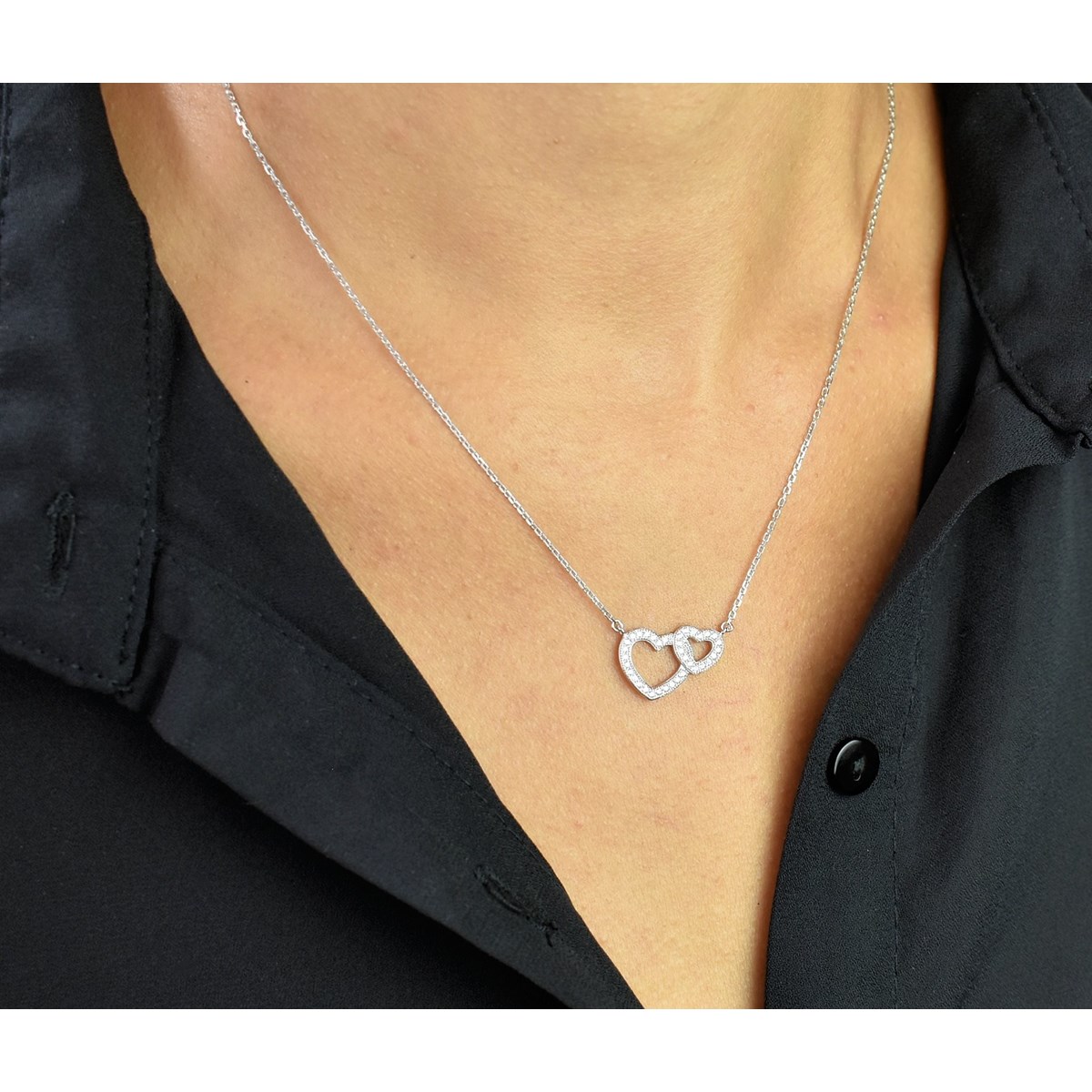 Collier 2 coeurs 2 tailles sertis d'oxydes de zirconium Argent 925 Rhodié